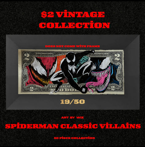 19/50 spiderman classic villains collide $2 bill art by wiz 1/1