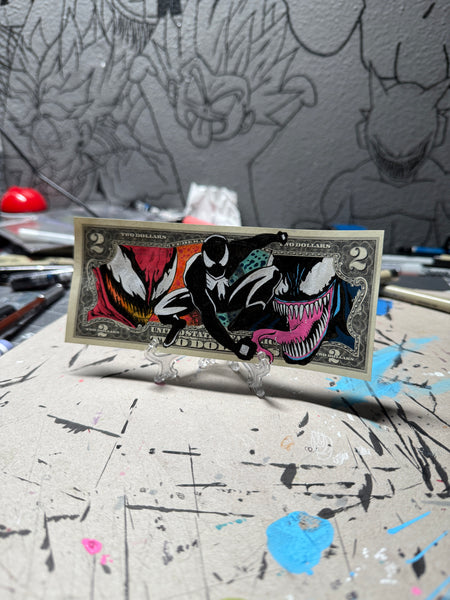 19/50 spiderman classic villains collide $2 bill art by wiz 1/1